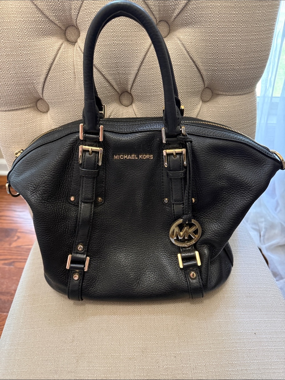 Michael Kors Black Leather Satchel with Gold Hardware